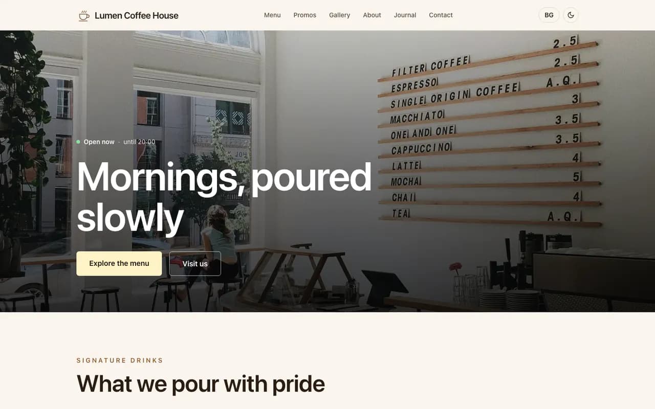 Lumen Coffee House homepage, desktop view