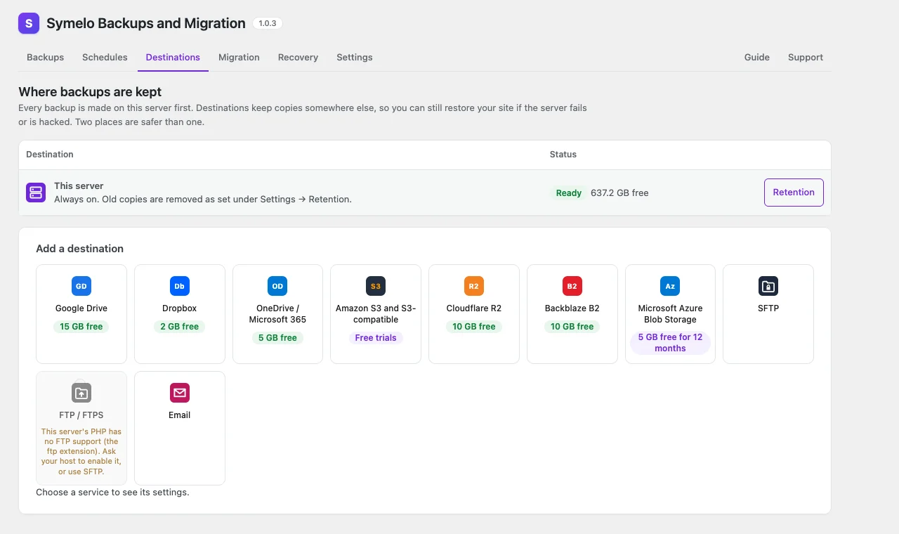 Destinations: cloud storage with the free storage each provider offers.