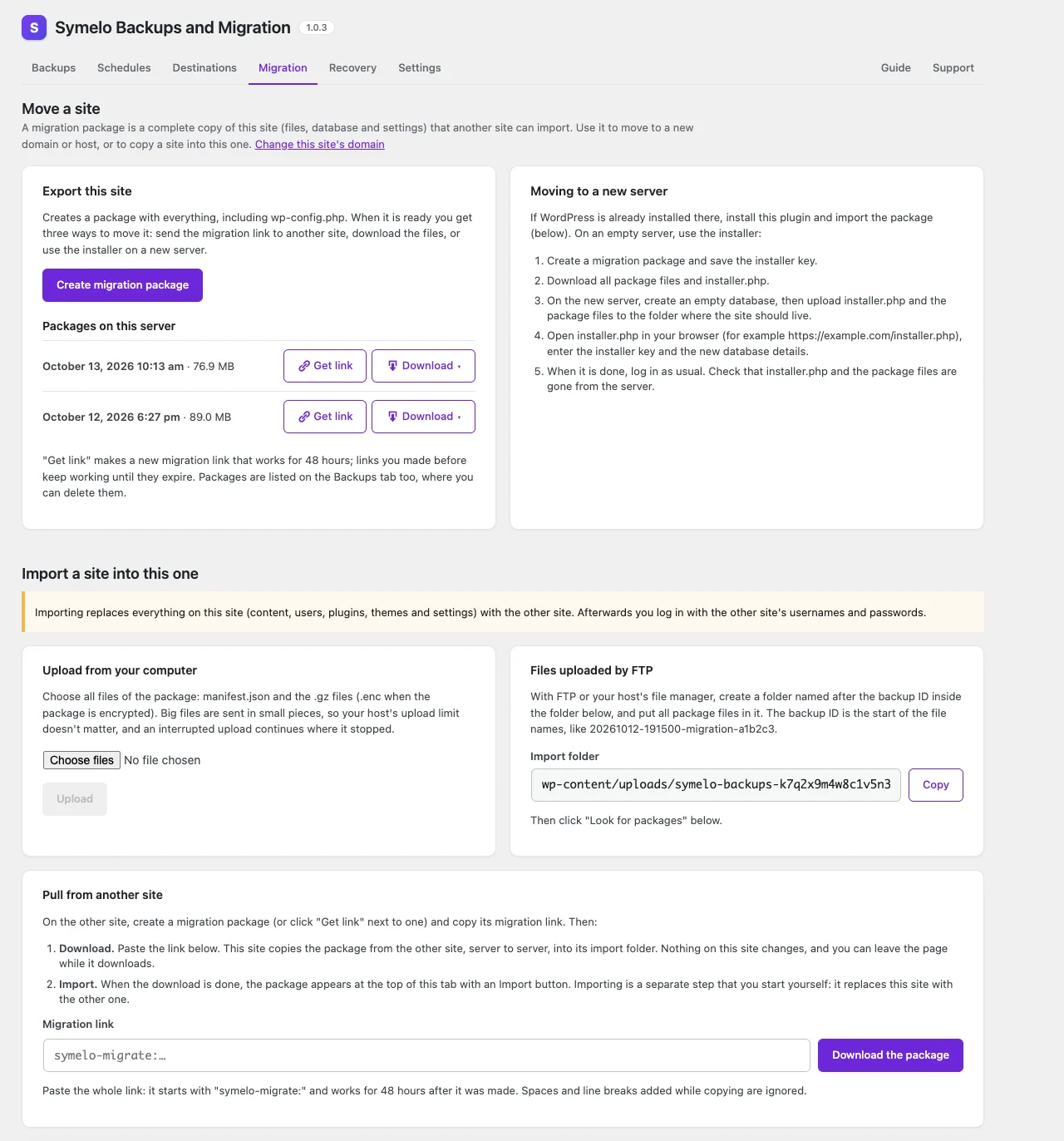 Migration: export a package, or import one by upload, FTP or migration link.
