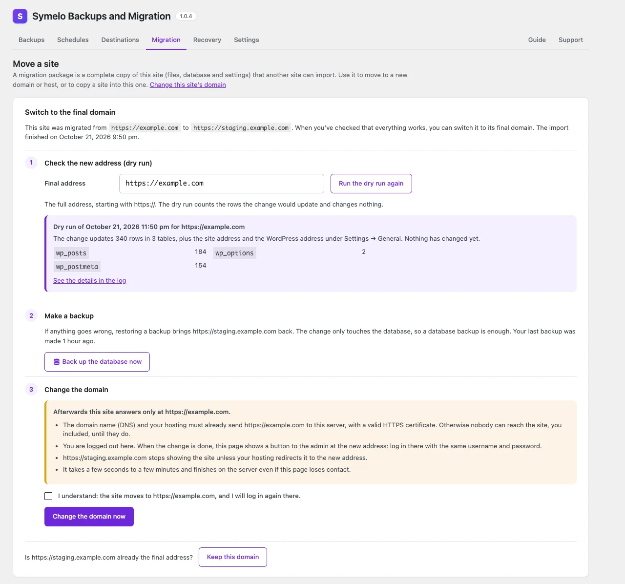 Switch to the final domain after a migration: a dry run, a database backup, then the change.